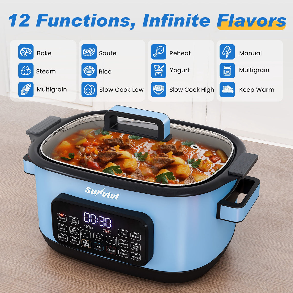 Royalcraft 12-in-1 Digital Programmable Slow Cooker, 6.5 QT Large Multicooker, Multi-Cooker with Timer, Temp Control, Blue