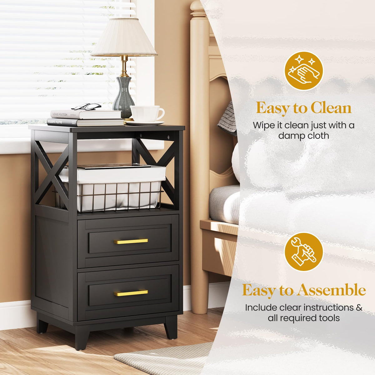 RoyalCraft Tall Nightstand, Side Table with 2 Drawers and Open Shelf on Top, Bedside Table with Solid Feet, Modern Night Stand End Table for Bedroom, Living Room, Home Office, Black