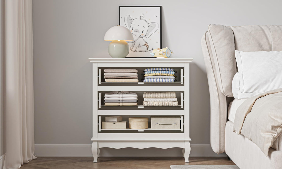 Superjoe White 3 Drawer Dresser with Ball Bearing Slide, Sturdy Frame Modern Wood Dresser Wide Nightstand Cabinet for Bedroom, Living Room