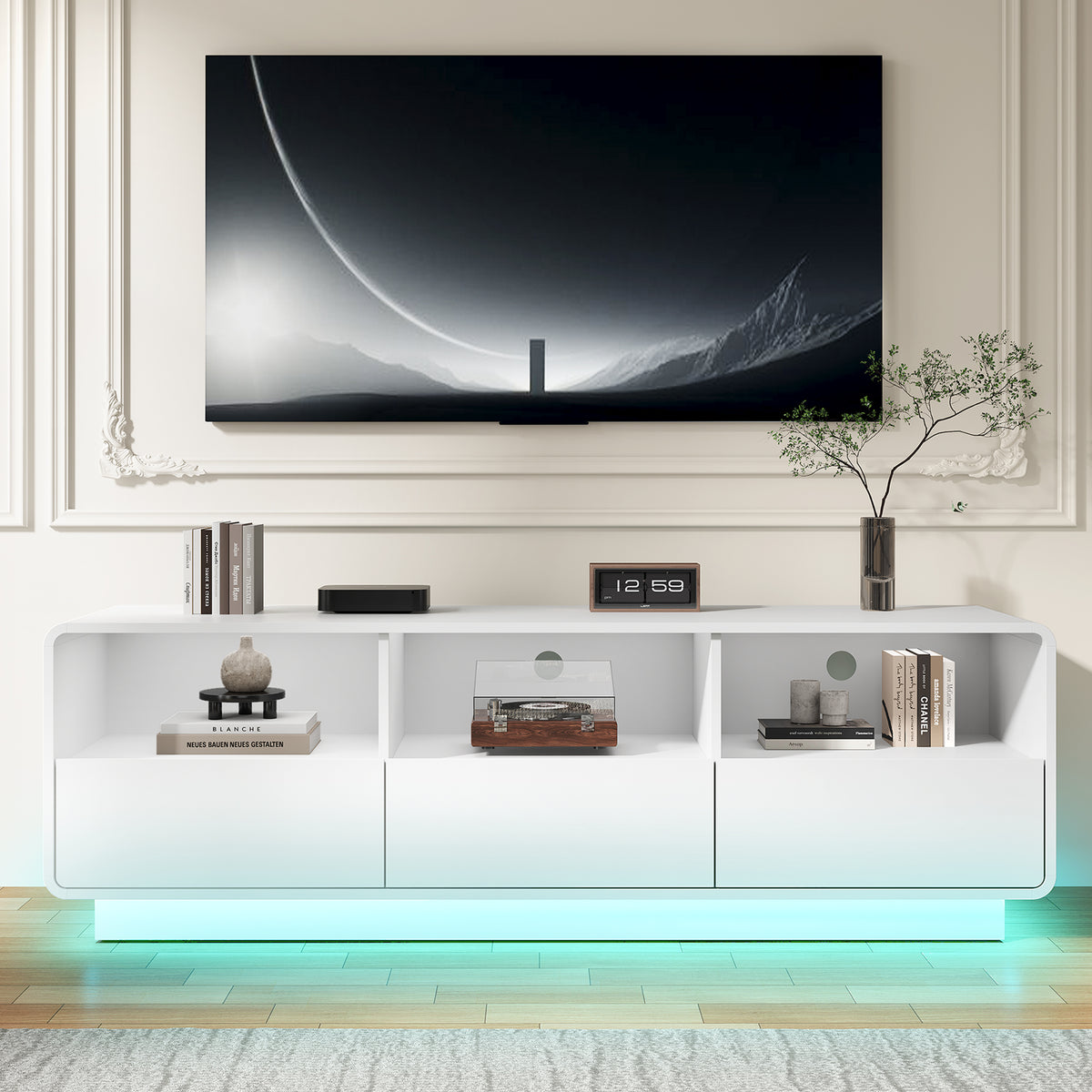 Royalcraft 59" Modern TV Stand with LED Lights, Floating Bohemian Wood Entertainment Center with Storage Drawers for Living Room & Bedroom