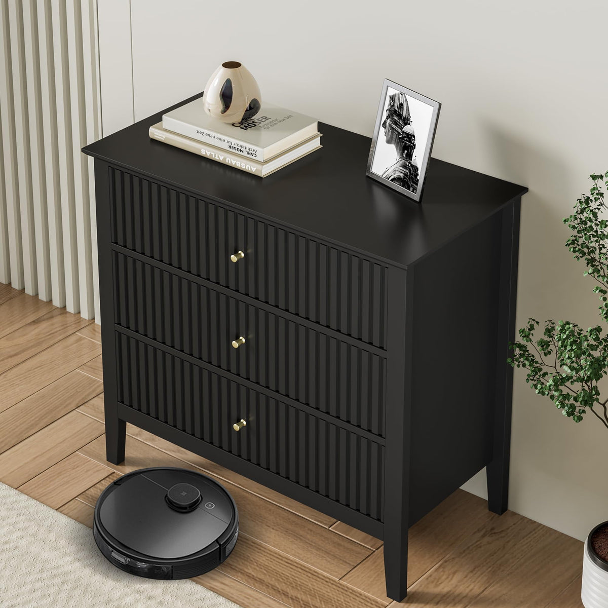 32" Black Fluted Dresser Nightstand, Wide Modern 3 Drawer Wooden Chest, Large Painted Storage Cabinet