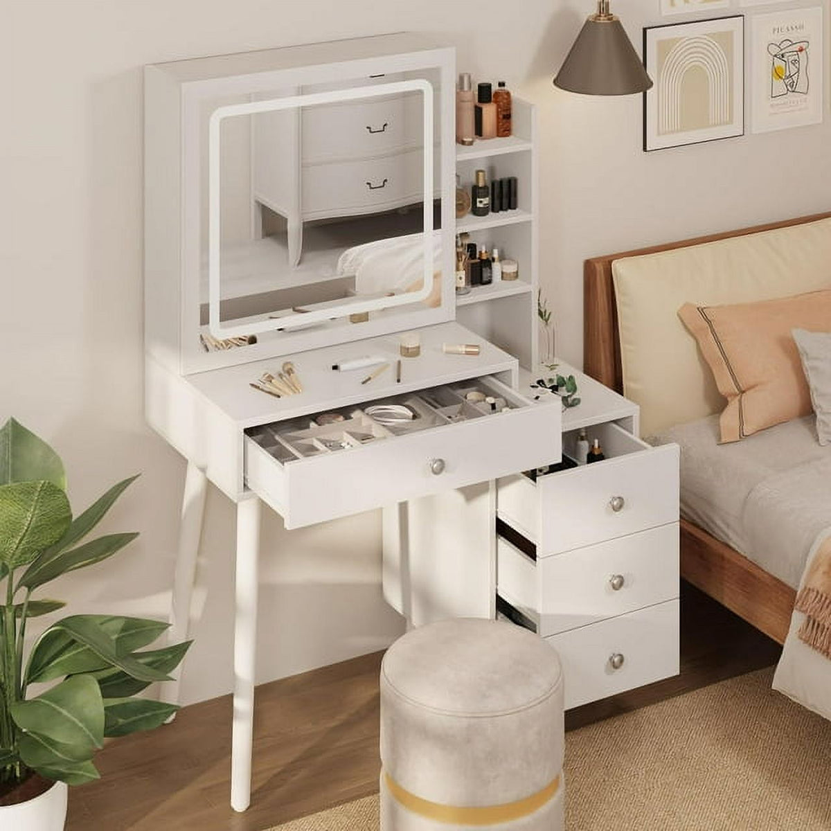 Superjoe Vanity with Mirror and Lights, Makeup Table with 3 Color Touch Light, Vanity Desk with Drawers & Hidden Shelves for Bedroom, White (Stool Not Included)