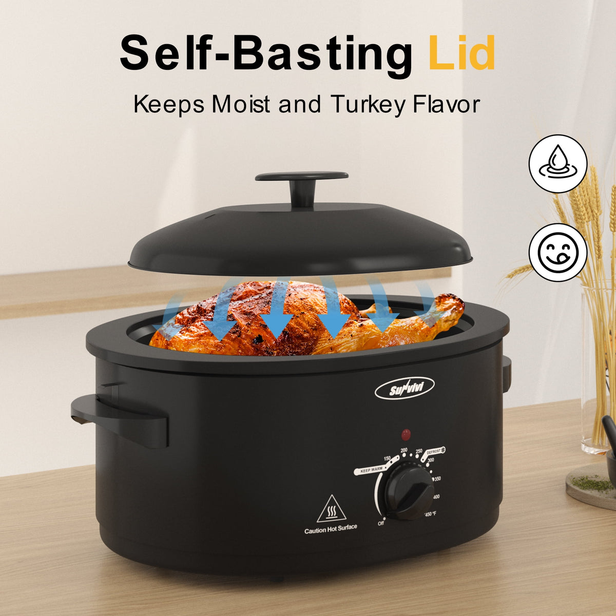 Royalcraft Roaster Oven with Self-Basting Lid, 8qt Electric Roaster with Removable Pan & Rack, Turkey Roaster Oven with Defrost & Warm Function, Stainless Steel, Black