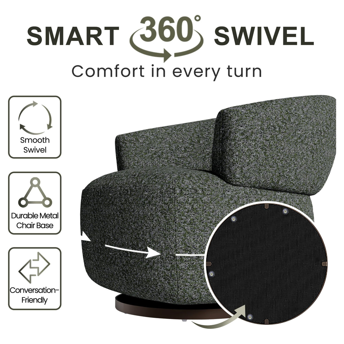 Superjoe Swivel Accent Chair, Fully Assembled Round Barrel Chairs, Oversized Upholstered Armchair with 360-Degree Base, Modern Club Chair for Living Room, Bedroom, Office, Green
