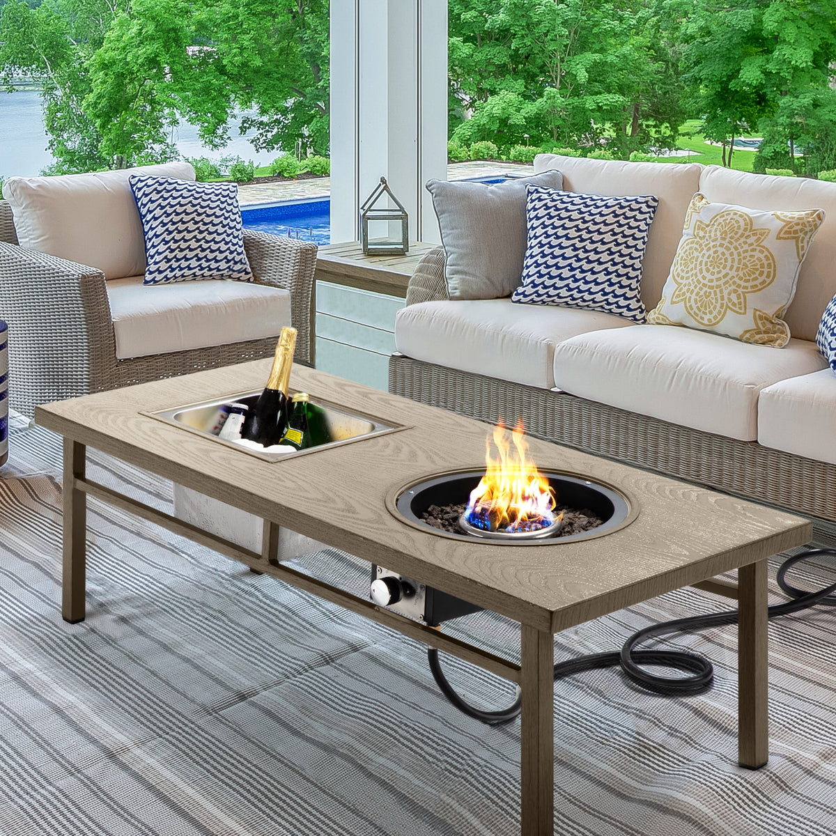 Royalcraft Aluminum Propane Fire Pit Table, 47inches 50,000 BTU Multifunctional Fire Table with CSA Certification, 4.5 Gallons Ice Bucket, and Lava Rocks, 3-in-1 Coffee Table for Outdoor Patio, Khaki