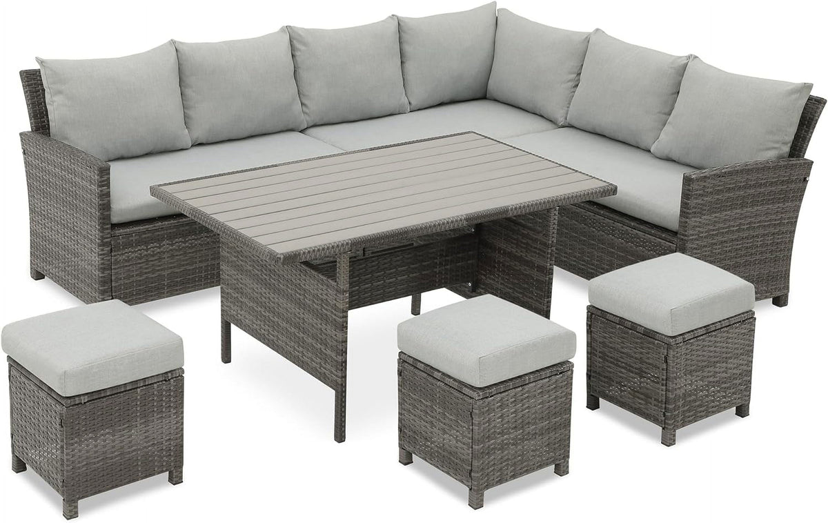RoyalCraft Patio Furniture Set, 7 Piece High Curved Back Outdoor Dining Sectional Sofa with Dining Table and Chair, All Weather Wicker Conversation Set with Ottoman, Grey