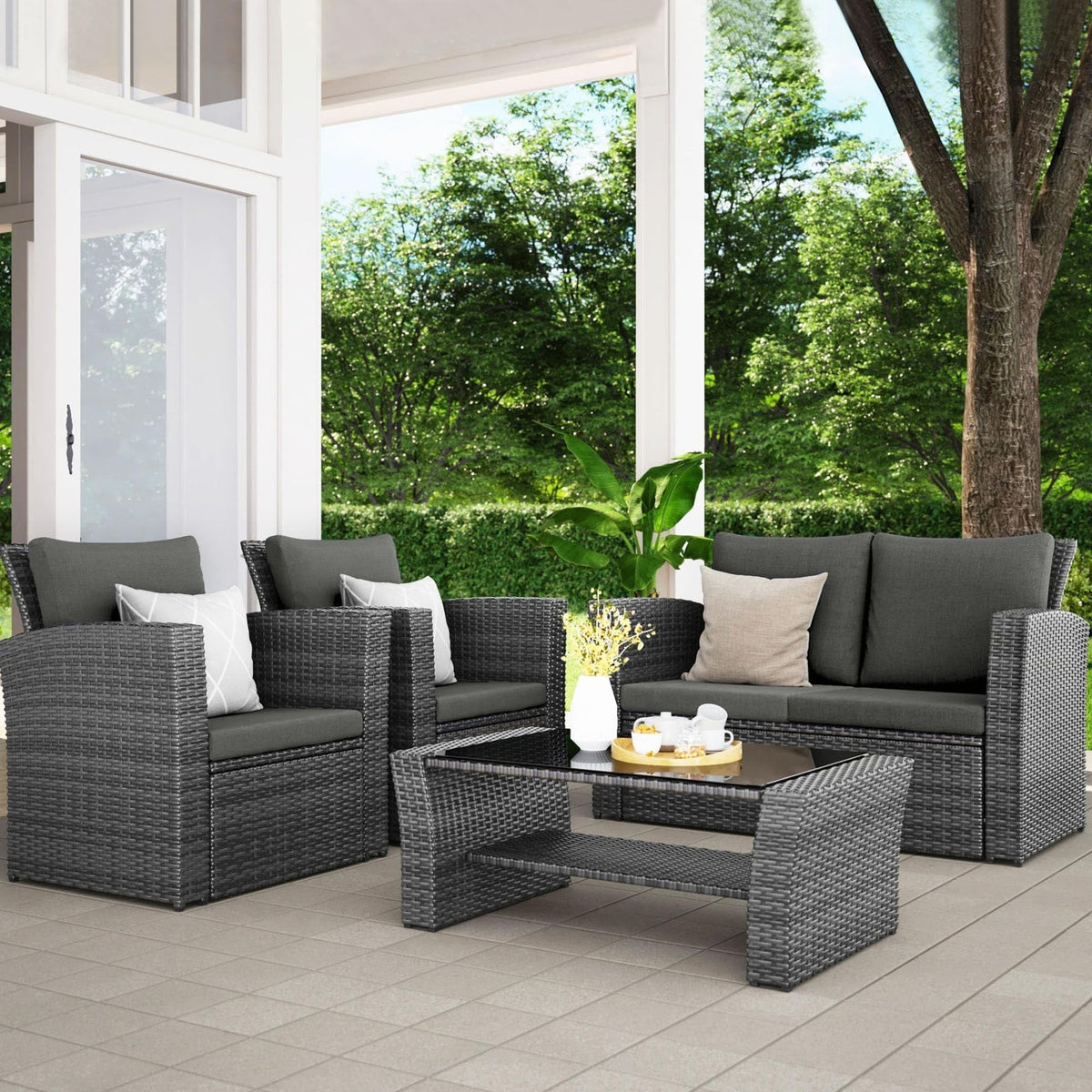 RoyalCraft 4 Piece Outdoor Patio Furniture Sets, Wicker Conversation Set for Porch Deck, Grey Rattan Sofa Chair with Cushion