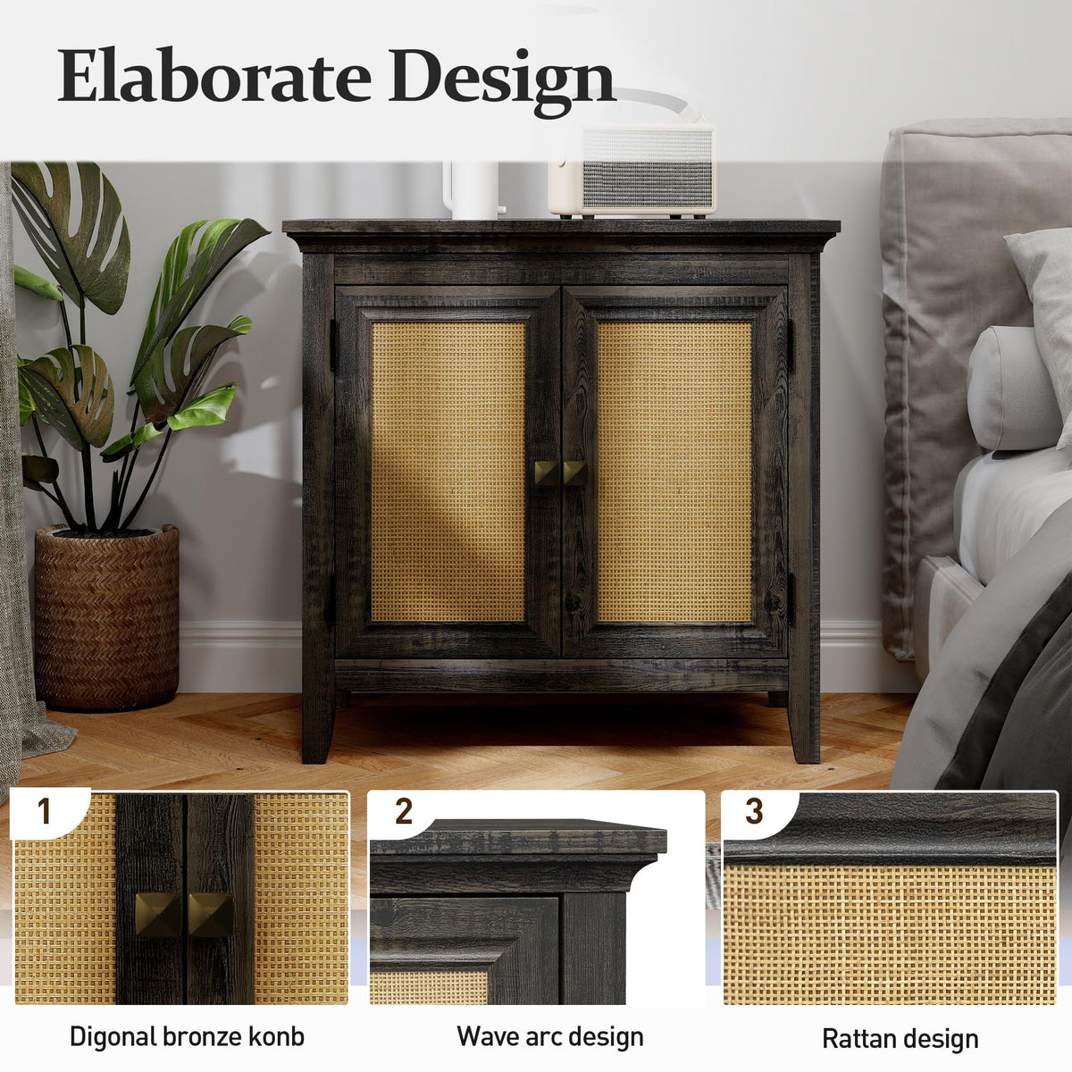 RoyalCraft Storage Cabinet, Kitchen Sideboard Cabinet with Rattan Decor Doors, Accent Buffet Cabinet with Adjustable Storage Shelf, Wood Cabinet Organizer, Coffee