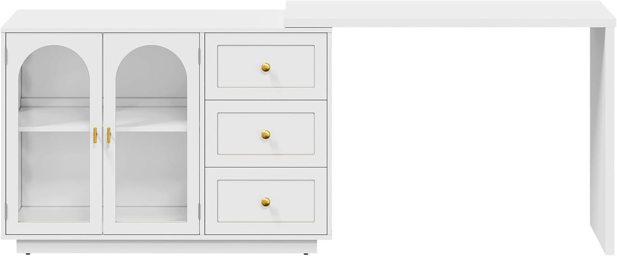 RoyalCraft 83¡± Large Extendable Makeup Vanity Desk, Corner Vanity Table with 3 Drawer & 2 Door, Modern Dressing Table and Chest of Drawers Combo, Accent Vanity for Bedroom, Dressing Room