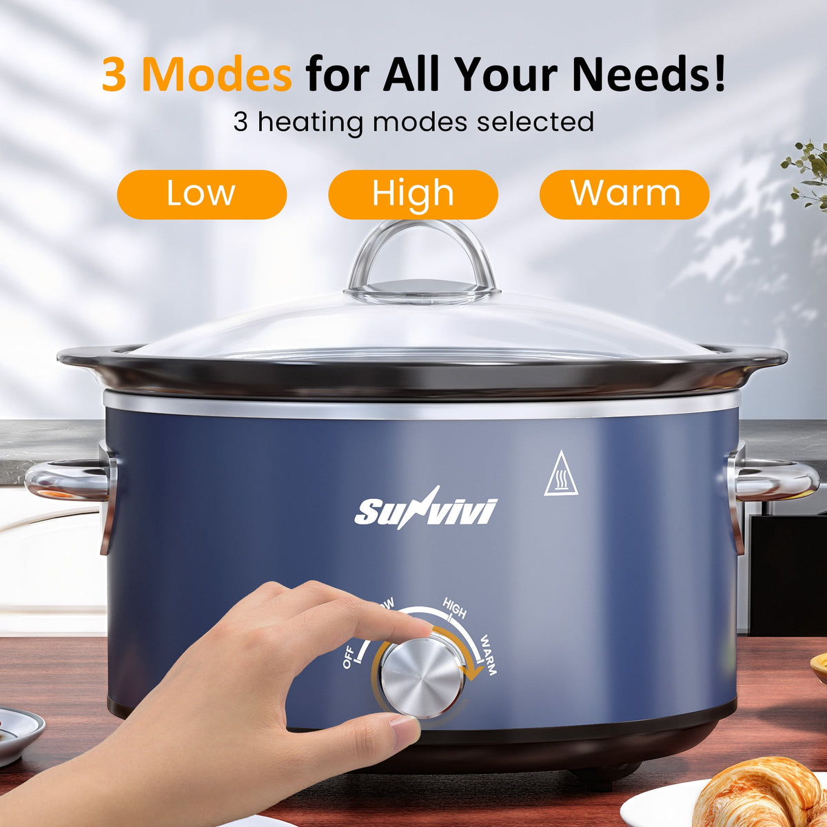 Royalcraft 4QT Compact Slow Cooker & Food Warmer with 3 Temperature Settings, Removable Ceramic Pot, Dishwasher-Safe Glass Lid, Stainless Steel - Blue