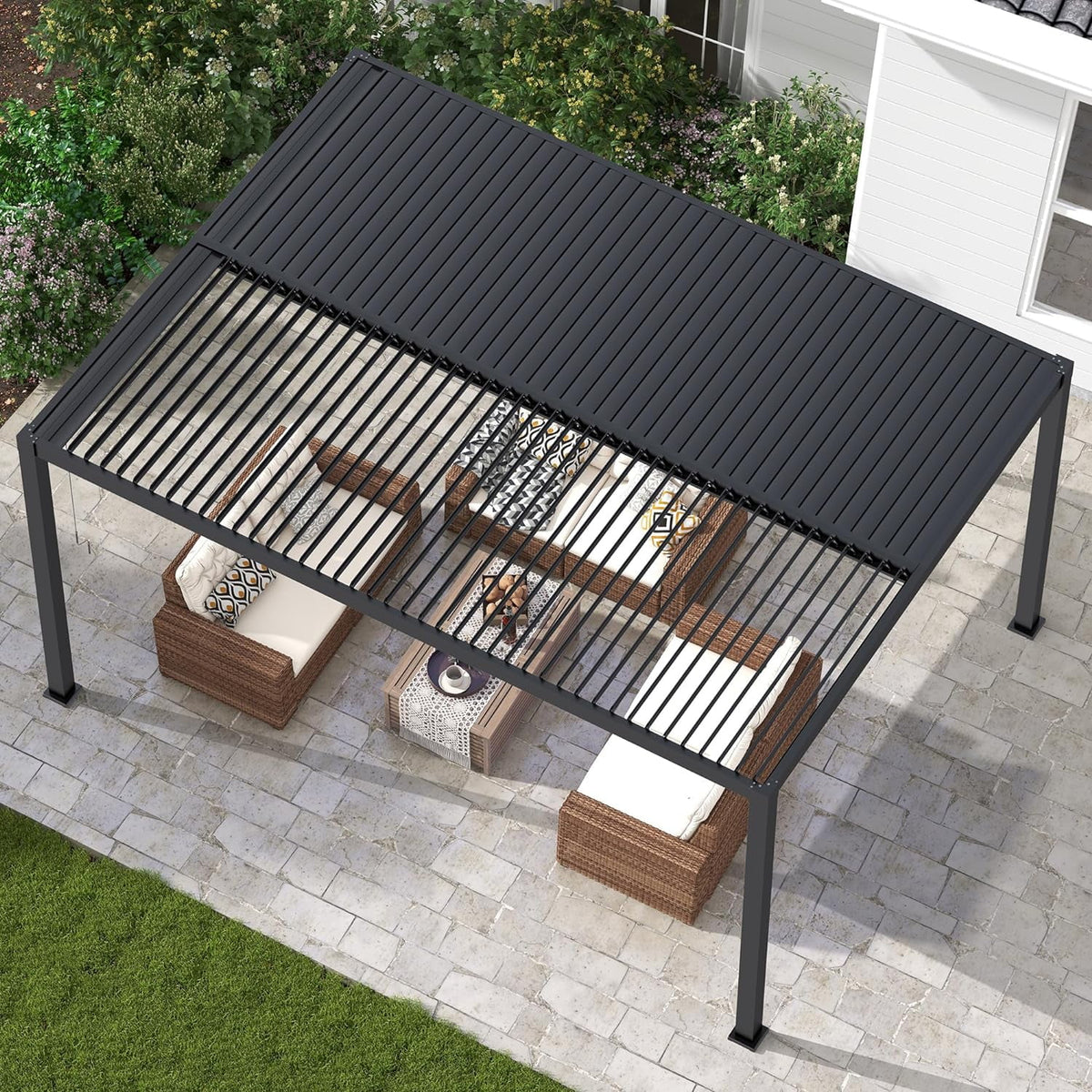 12'x16' Adjustable Louvered Pergola, Heavy-Duty Aluminum Outdoor Pergola, Metal Hardtop Pergola with Adjustable Roof for Patio, Deck, Garden, Yard, Black