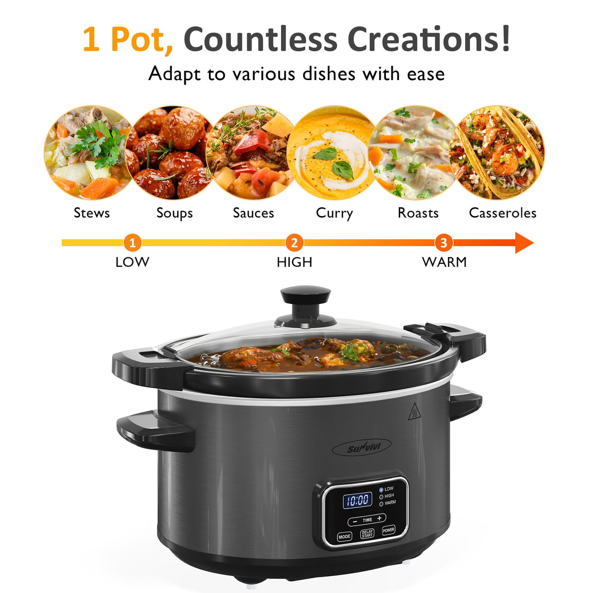 Royalcraft 4QT Slow Cooker, Programmable Pot with Locking Lid, Removable Ceramic Pot, 3 Heating Settings & Time Control,Dishwasher-safe Lid & Pot, Grey