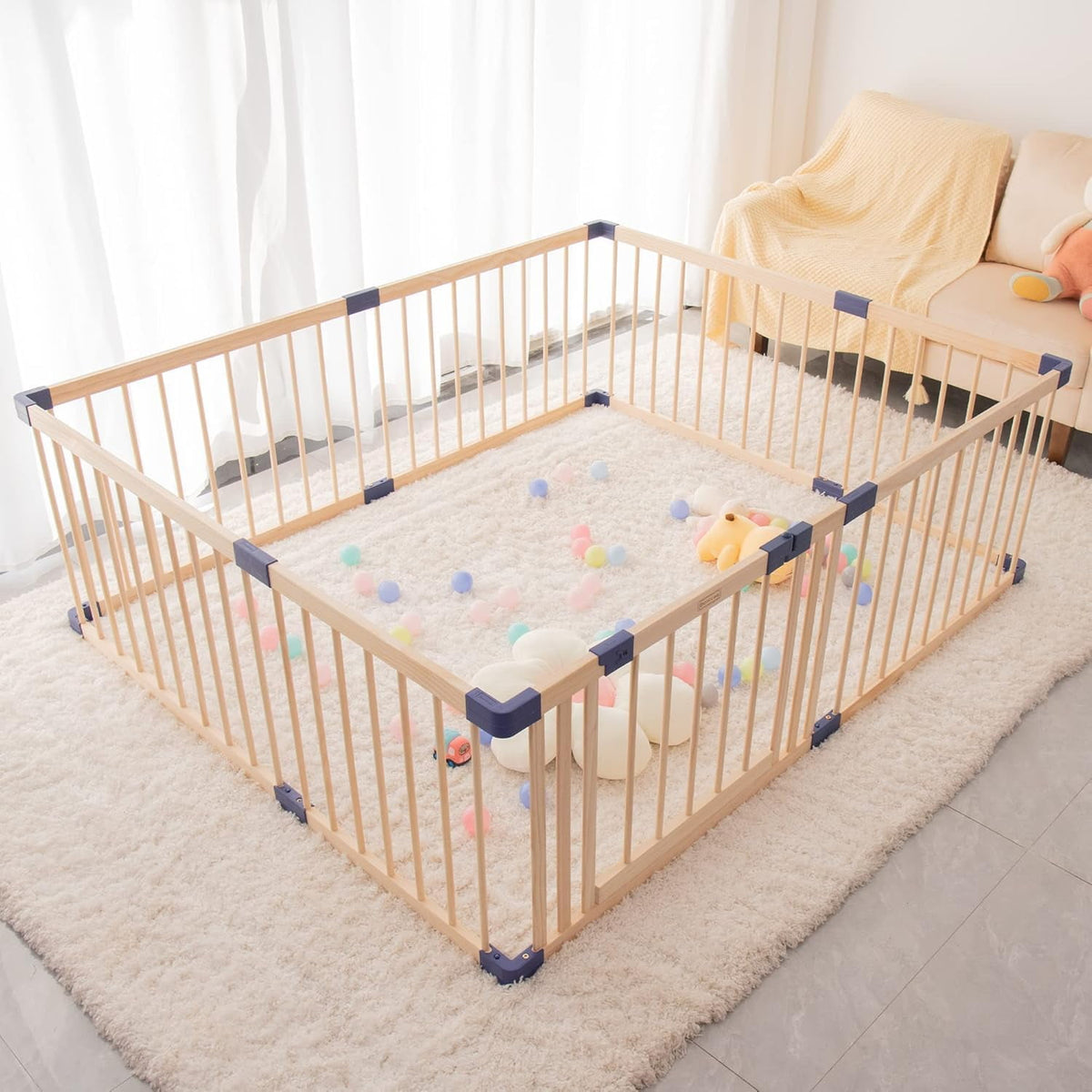 CozyHome Baby Playpen Kids Fence with Safety Gate, Activity Play Center, Safety and Anti-Drop Function, Safety Play Yard Indoor Outdoor Pure Wooden Baby Playpen (79"*59"*24")