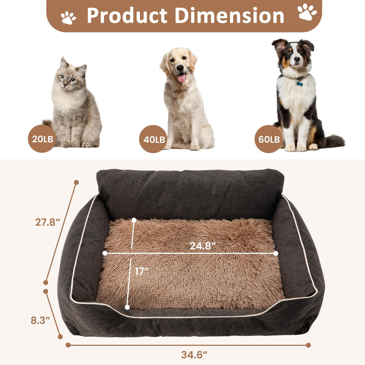 CozyHome Medium Dog Bed with Anti-Slip Bottom, Cat Bed with Removable Washable Cover, Plush Pet Bed for Dogs and Cats, Cute Dog Pillow Bed, Calming Cat Couch Bed for Indoor, Outdoor, Brown