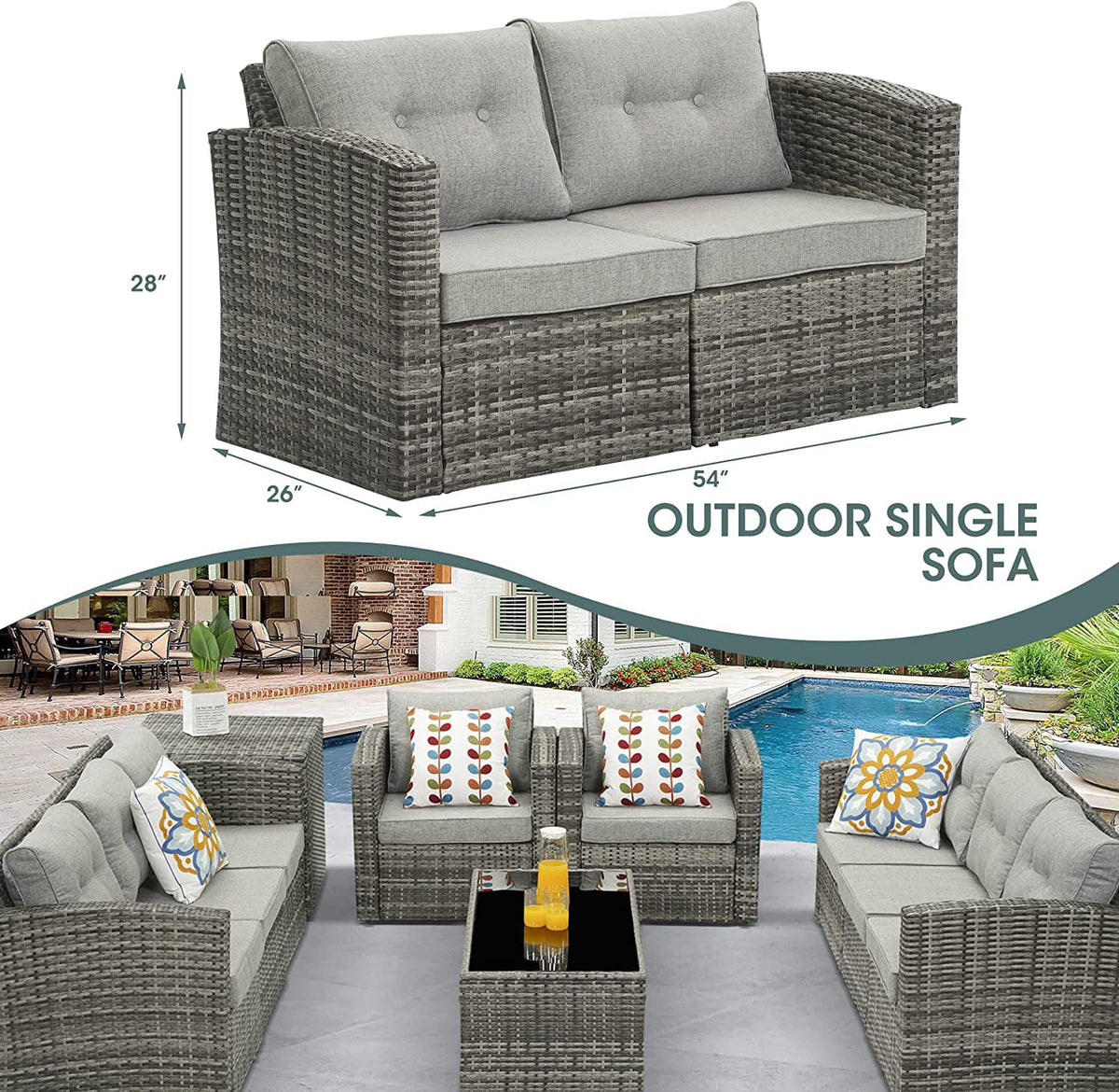 RoyalCraft Modular Collections Patio Sofa Chair with Ottoman, Outdoor Brown Rattan Lounger Sofa Chair Set with Seat and Back Cushions, Aluminum Frame