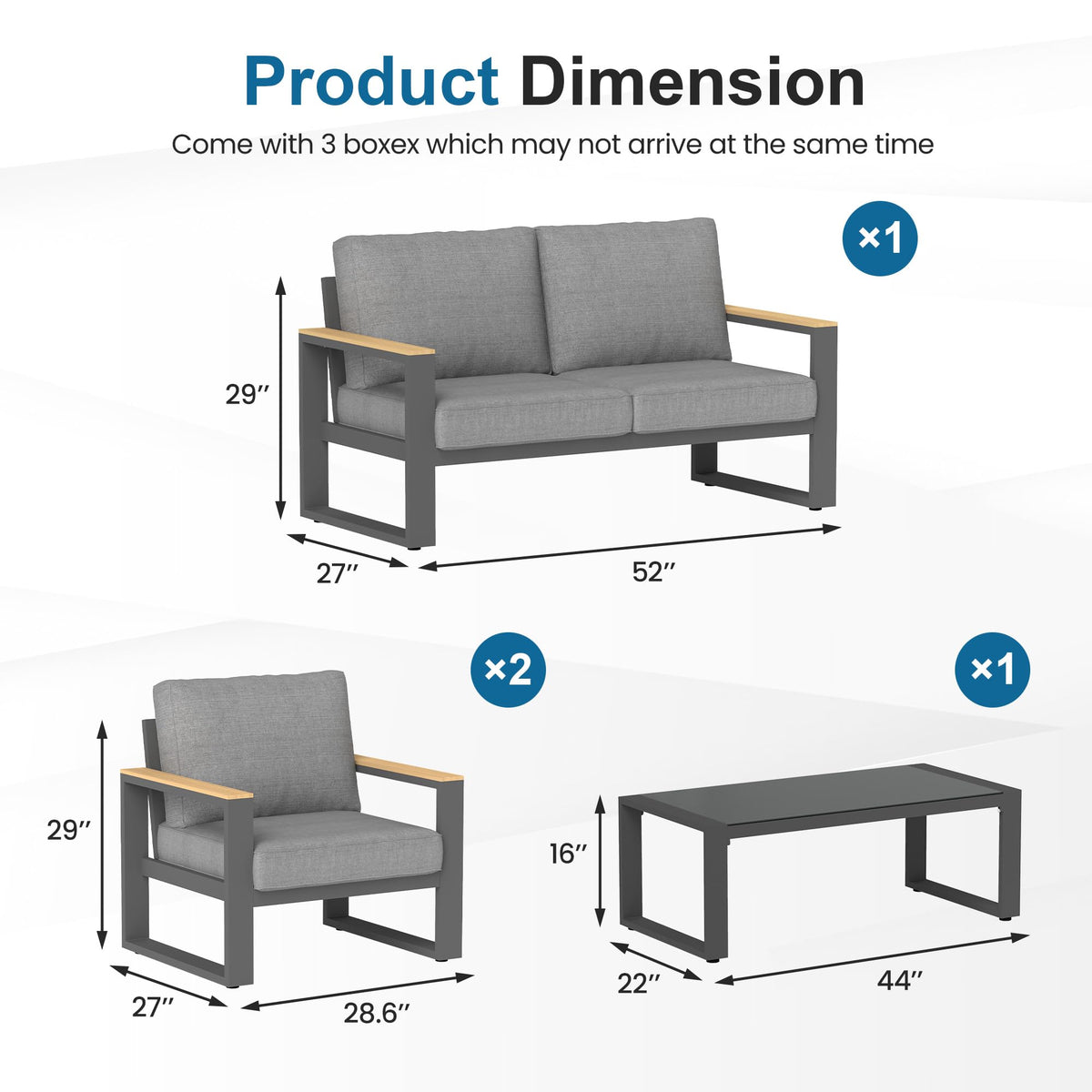 Aluminum Outdoor Patio Furniture Set with Height-adjustable Footrest for Lawn Porches Patio, 4-Seats All-weather Patio Sofa Sets with Coffee Table, Modern Outdoor Patio Conversation set, Grey