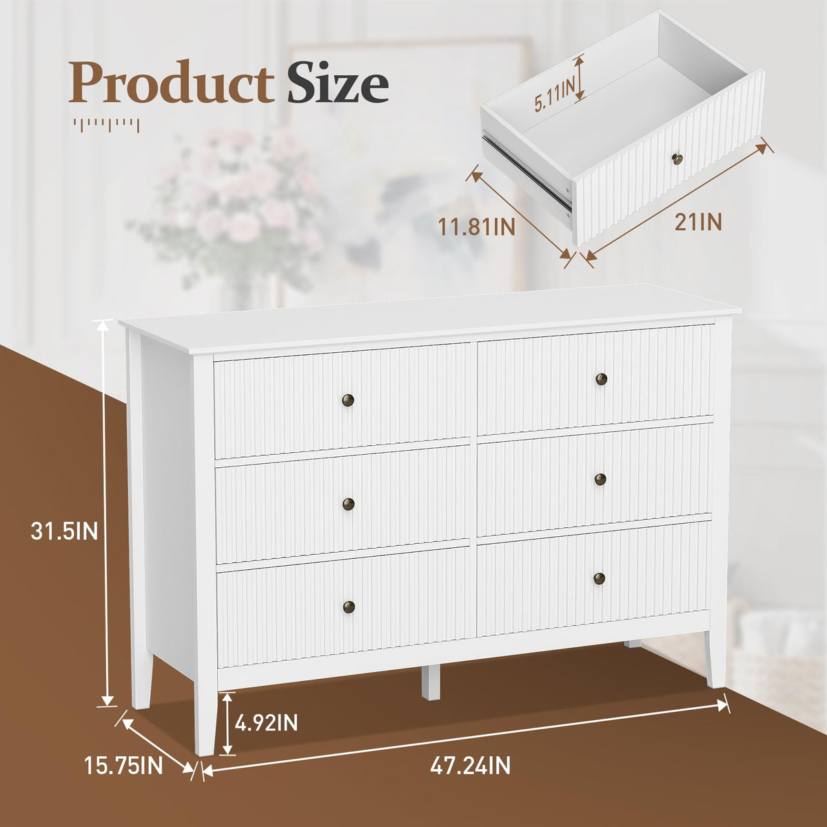 RoyalCraft White Fluted 6 Drawer Dresser for Bedroom, Modern Chest of Drawers, Wood Dresser for Storage Clothes, Wooden Storage Cabinet for Bedroom, Hallway, Living Room, Entryway