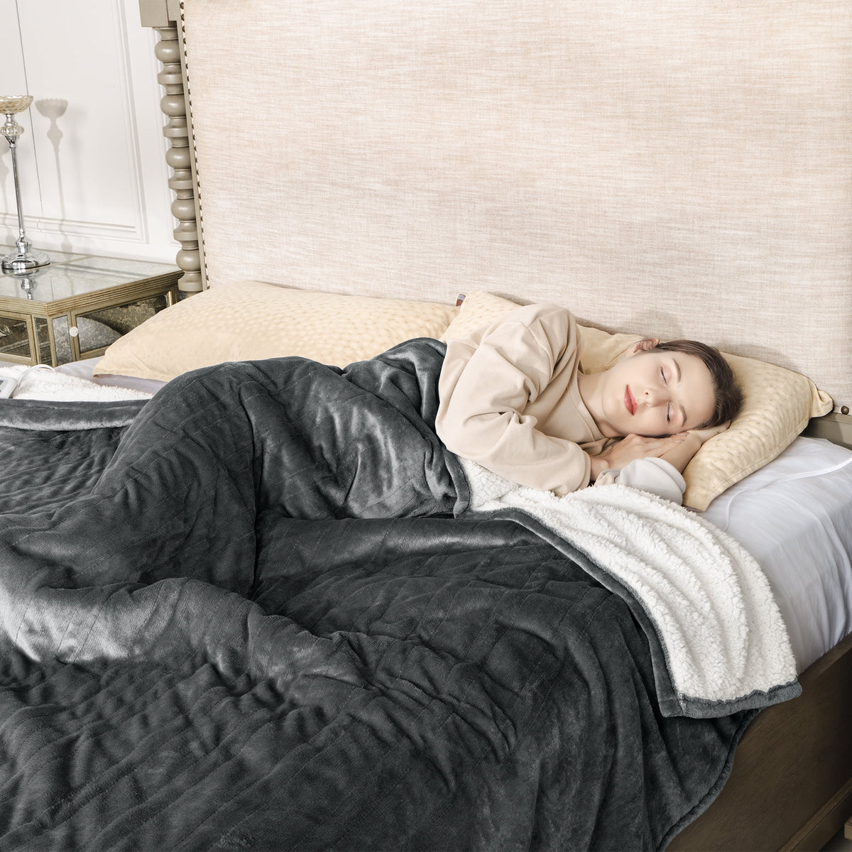 Royalcraft Heated Blanket King Size, Electric Throw Dual Control , 10 Heat Settings, 12 Hours Auto Off, Soft Flannel and Sherpa, Machine Washable , Grey