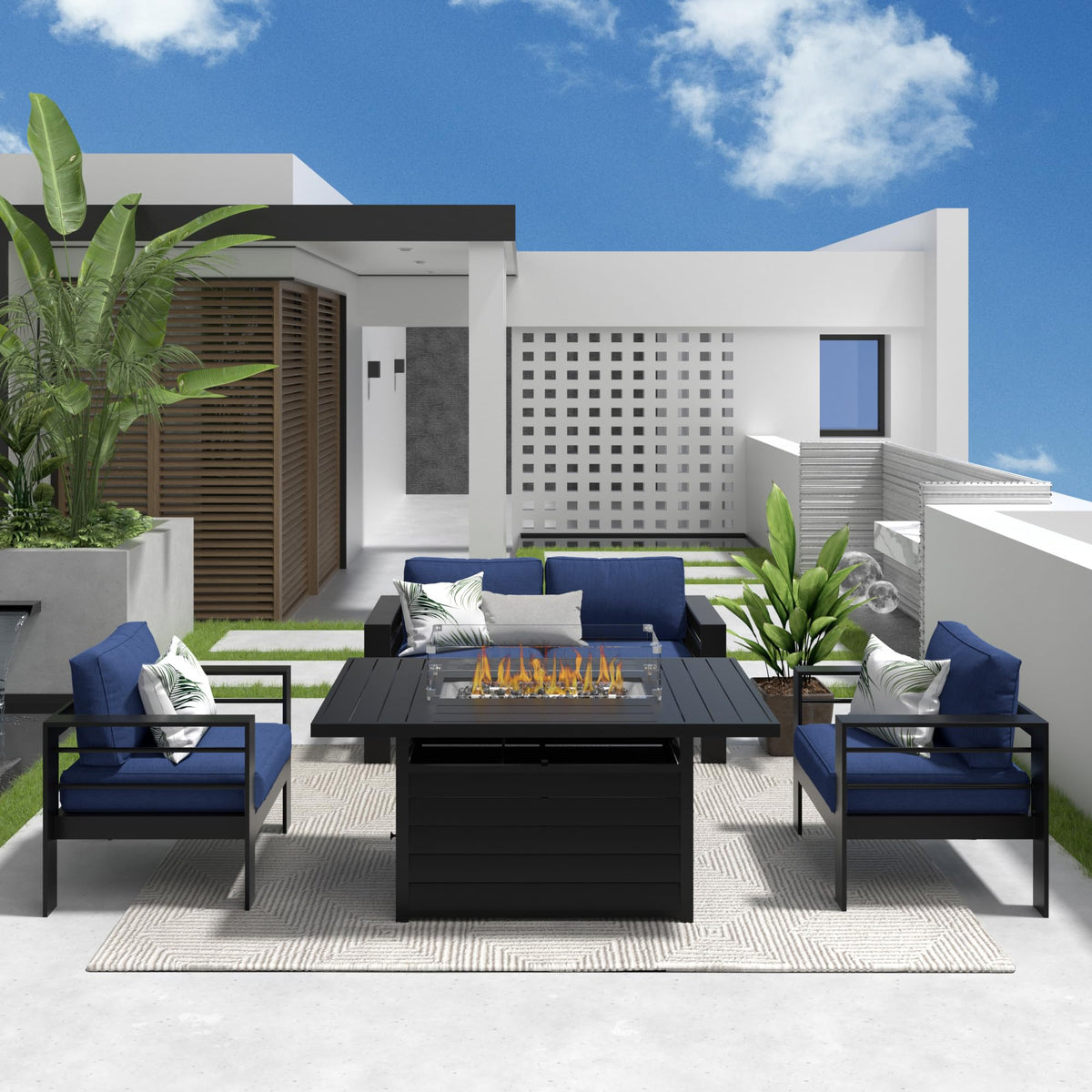 CozyHome Patio Furniture Metal Armchair,2 PCS All-Weather Aluminum Garden Outdoor Contemporary Sofa Chair with Cushions,Deep Blue