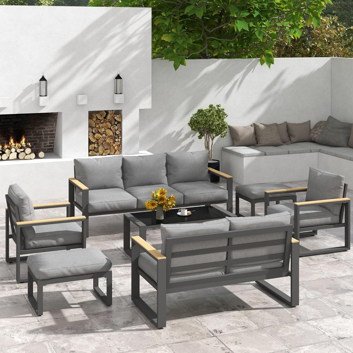 CozyHome Aluminum Outdoor Armchair, 2 Pieces All-Weather Metal Patio Single Sofa, Patio Conversation Set for Porch Backyard Garden, Grey