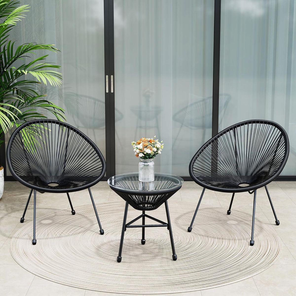 Royalcraft 3-Piece Outdoor Acapulco All-Weather Patio Conversation Bistro Set, Outdoor Woven Rope Chairs and Glass Top Table, 3 Piece Patio Bistro Set for Yard Balcony Poolside, Grey
