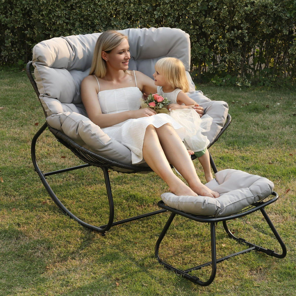 RoyalCraft Patio Rocking Chair with Ottoman, Outdoor Indoor Rocking Egg Chair with Cushions, Metal Lounge Chair Oversized Papasan Chair, Outdoor Wicker Reading Chair for Porch Garden, Dark Grey