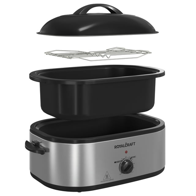 RoyalCraft 26 Quart Electric Turkey Roaster Oven with Visible Glass Lid, with Removable Pan & Rack, Stainless Steel, Silver
