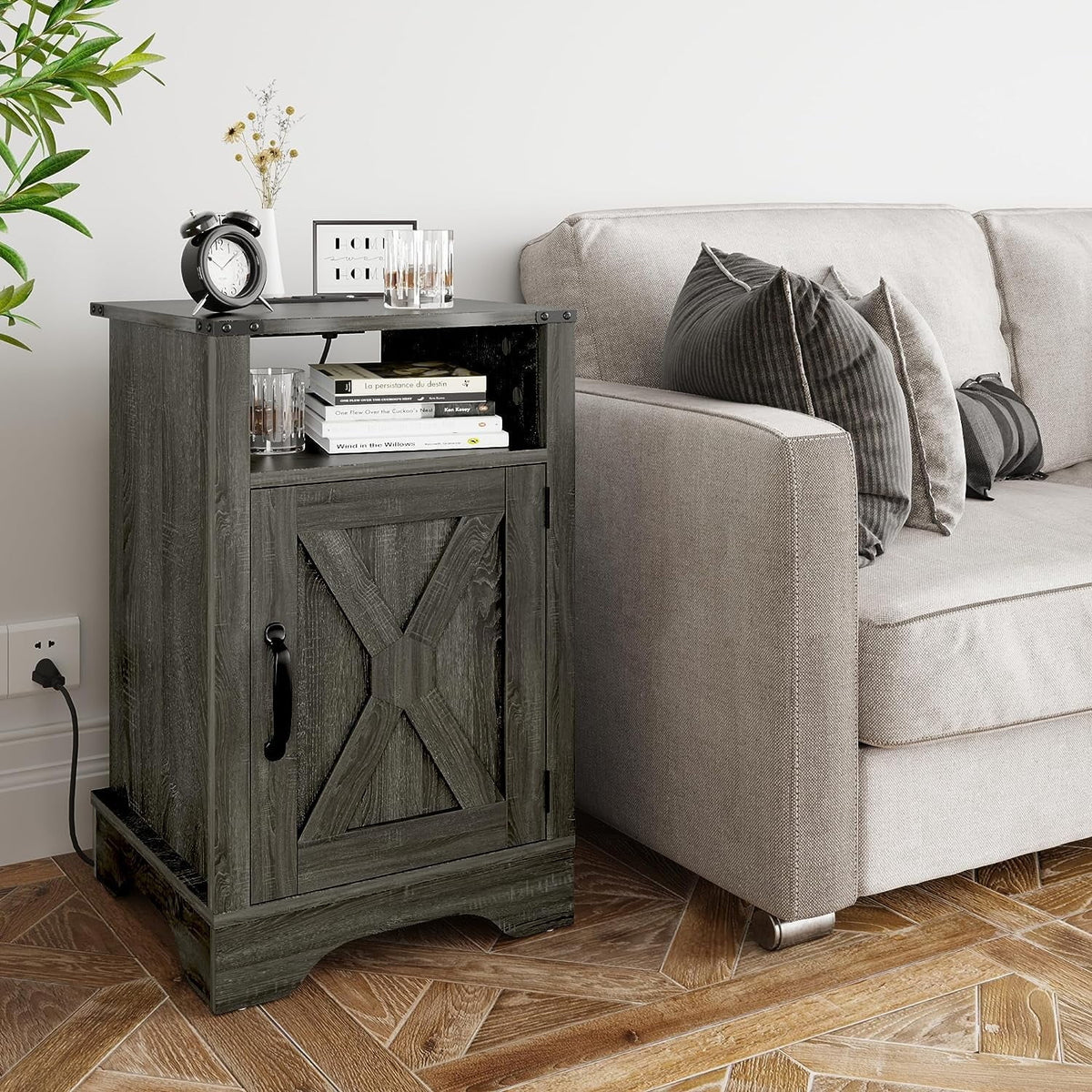 RoyalCraft Nightstand with Charging Station, Farmhouse Bedside Table with X-Shaped Design,Wooden Rustic End Table with Large Storage Cabinet Room and Shelf for Bedroom, Living Room, Solid White