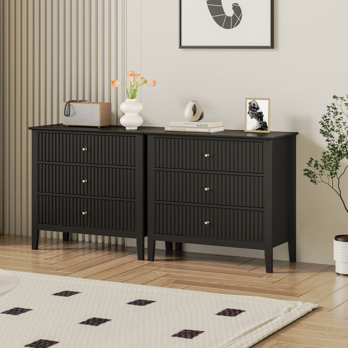 RoyalCraft Large White 3 Drawer Dresser Set of 2 with Fluted Panel, Modern Chest of Drawers with Silent Slide Drawers, Wood Accent Nightstand with Storage for Bedroom Living Room, Nursery, Hallway