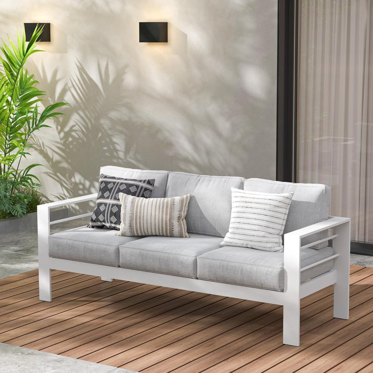 RoyalCraft Patio Furniture Aluminum Sofa, All-Weather Outdoor 3 Seats Couch, Black Metal Chair with Blue Cushions