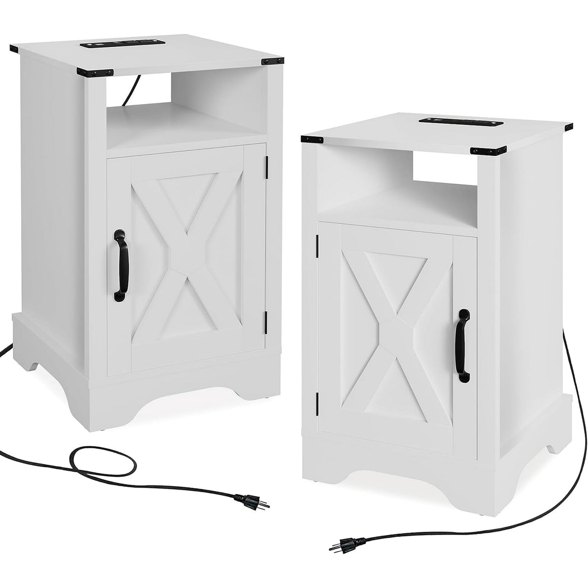 Royalcraft Nightstand Set of 2 with Charging Station, Tall Farmhouse Bedside Table with Herringbone Design, Wooden Rustic End Table with Large Storage Cabinets and Shelf for Bedroom nightstand set of 2