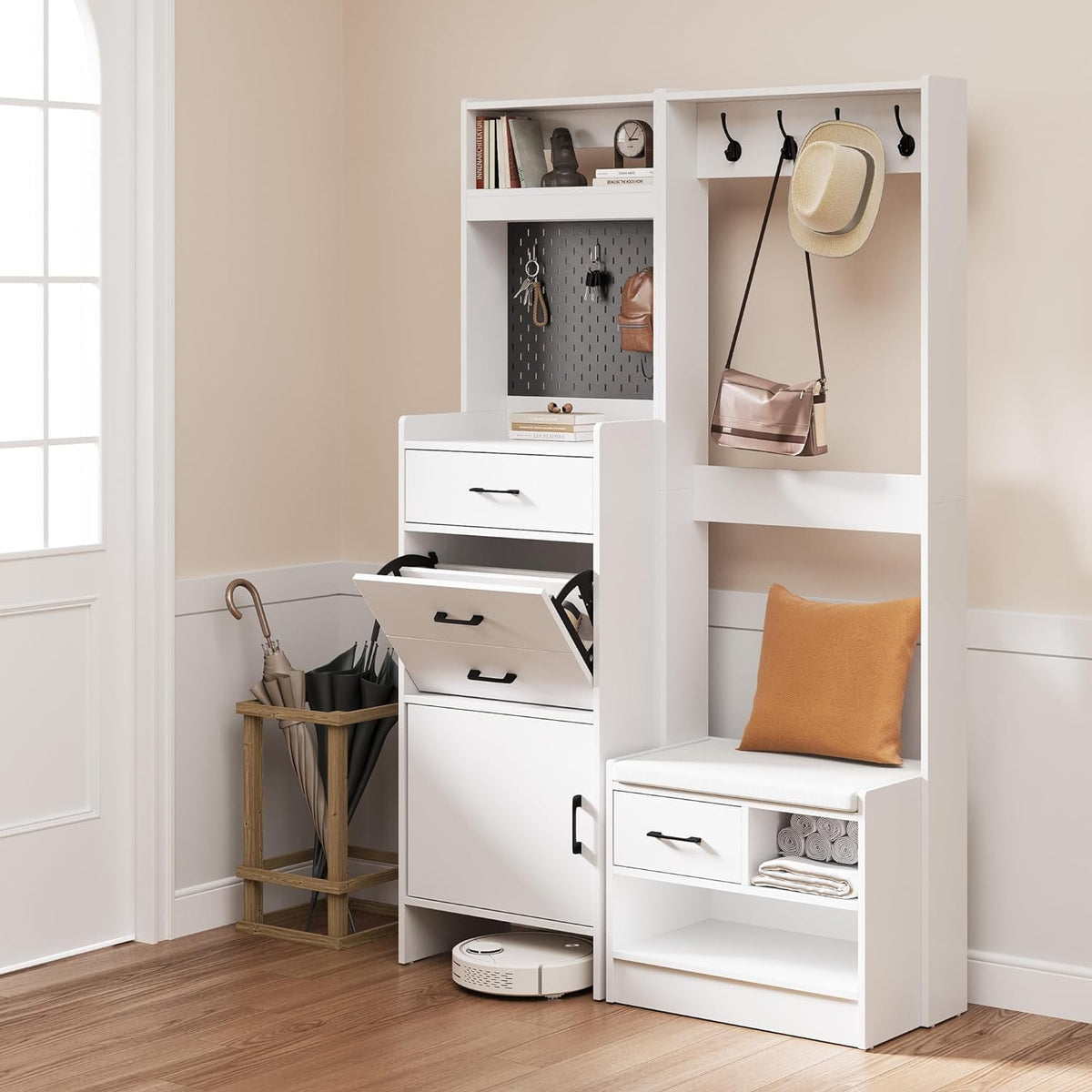 Royalcraft 7-in-1 Hall Tree with Hidden Shoe Storage, Entryway Bench with Coat Rack and Pegboard, Multifunctional Coat Rack with Bench Mudroom Storage