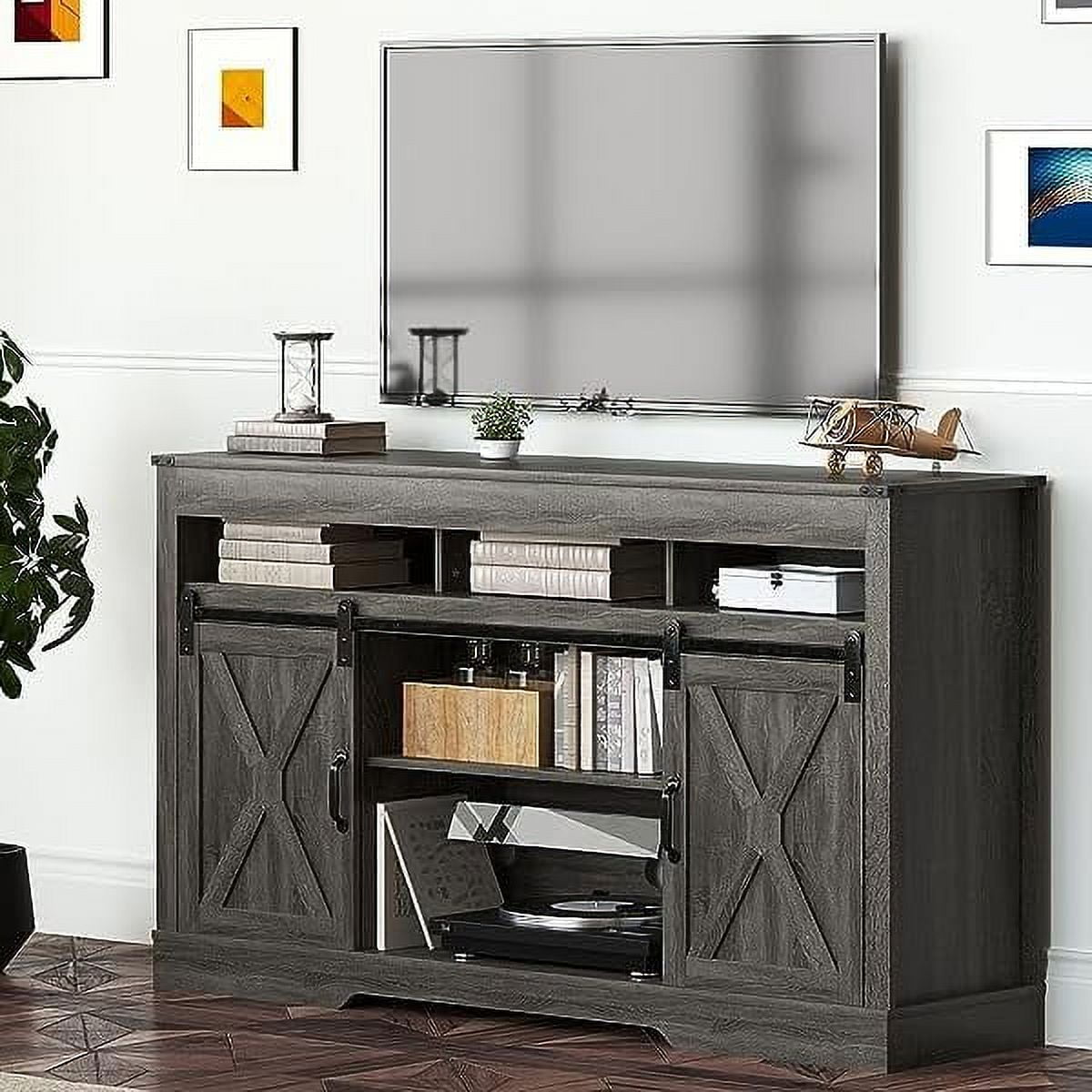 Royalcraft Farmhouse TV Stand for 65+ Inch TV, 34'' White Entertainment Center with Sliding Barn Doors, Wood Cabinet Television Stands- White