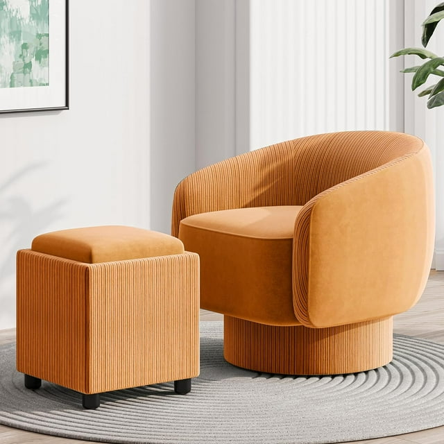 Royalcraft Swivel Accent Chair with Storage Ottoman, 360 Degree Swivel Barrel Chair with Footrest, Beige Velvet Upholstered Chair, Modern Swivel Round Chair for Living Room, Bedroom, Office