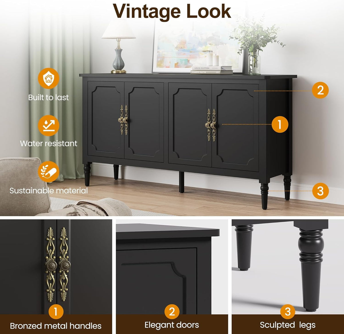 RoyalCraft Console Cabinet, 58'' Mid Century Modern Pantry Cabinet, Wood Buffet Cabinet, Media Cabinet with 4 Doors, Accent Cabinet for Entryway, Living Room, Bedroom, Dining Room