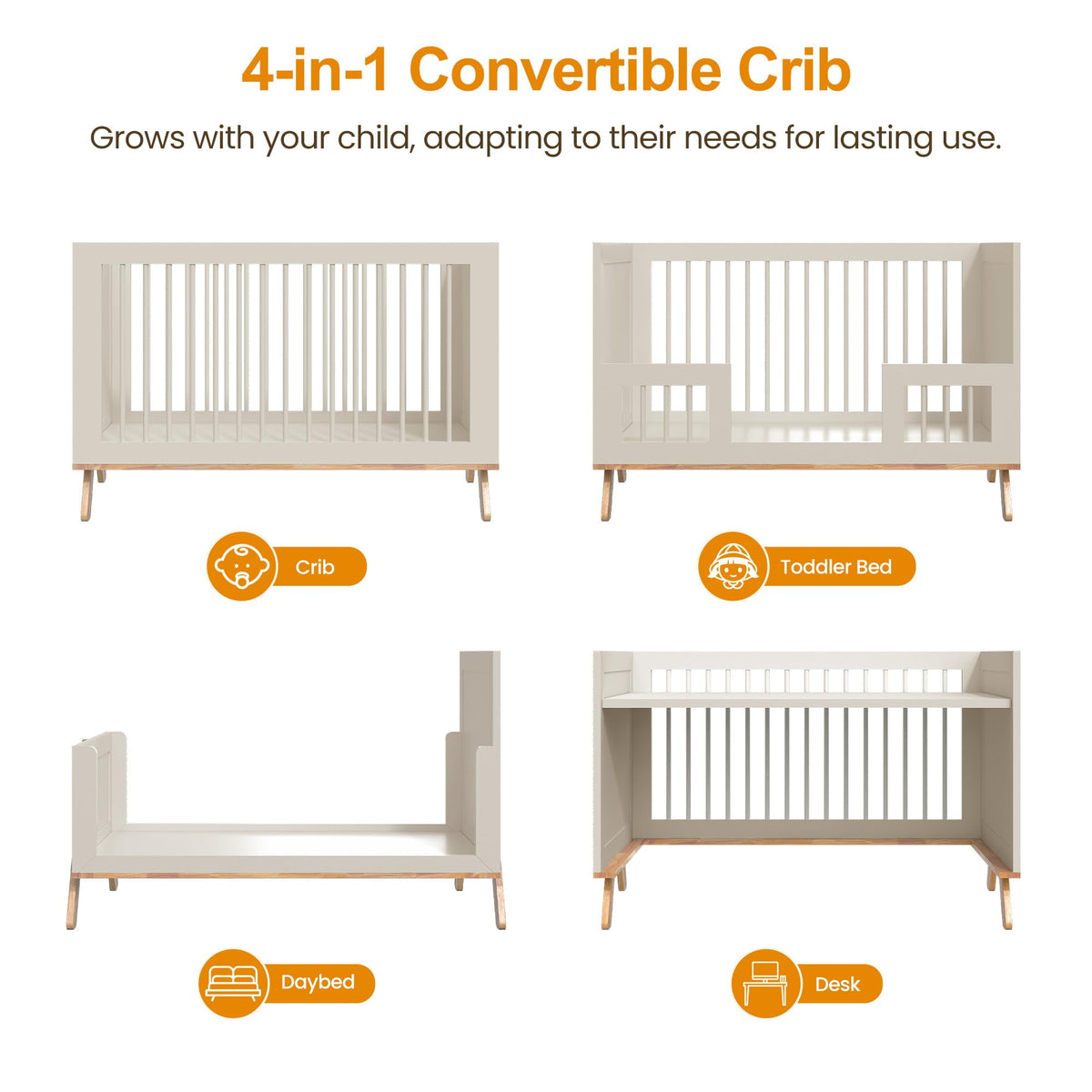 CozyHome 4-in-1 Convertible Crib, Wooden Baby Crib Bed, Crib Converts to Toddler Bed Daybed and Desk, Baby Furniture, Grey