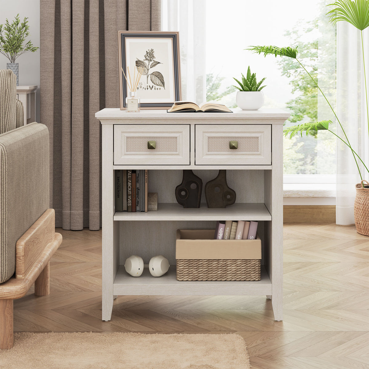 RoyalCraft Rattan Storage Cabinets, Accent Boho Storage Cabinet with 2 Drawers and 2 Shelves, Multipurpose Modern Storage Cabinet for Living Room, Entryway, Front Hall, Hallway