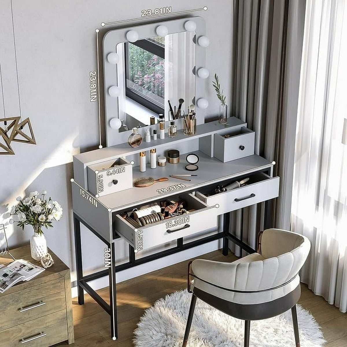 Superjoe Makeup Vanity 3 Color Hollywood Mirror with Dimmable Lighted, Vanity Table with 4 Drawers for Women Girls, Dressing Desk for Bedroom, Beauty Room, Light Gray
