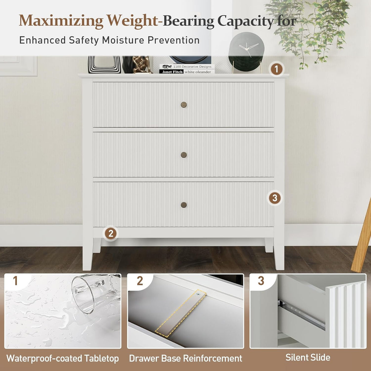 Superjoe White 3 Drawer Dresser with Fluted Panel, Modern Chest of Drawers with Silent Slide Drawers for Bedroom Living Room, Nursery, Hallway