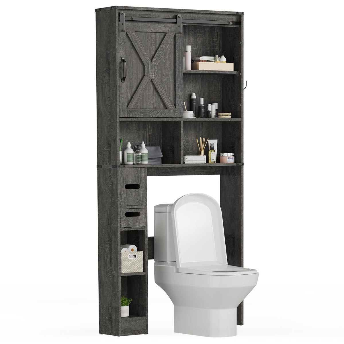 RoyalCraft Over The Toilet Storage Cabinet, Farmhouse Storage Cabinet Over Toilet with Sliding Barn Door, Home Space-Saving Toilet Rack, Behind Toilet Bathroom Organizer for Bathroom, Dark Grey