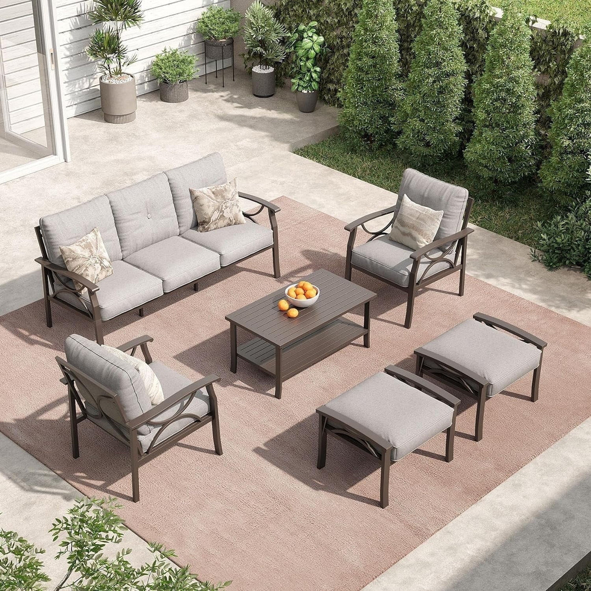 Outdoor Patio Furniture Set, 6 Piece Patio Conversation Set with Coffee Table and Ottomans, Metal Furniture Set for Porch Backyard Garden, Grey