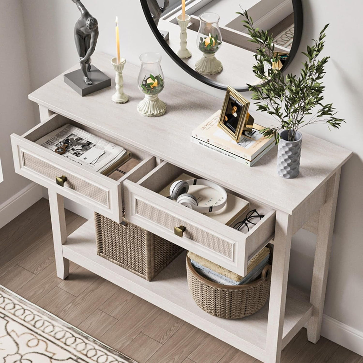 Superjoe Rattan Entryway Table, Boho Console Table w/Widened Tabletop, Farmhouse Sofa Table w/Storage Shelf, Grayish White Foyer Table