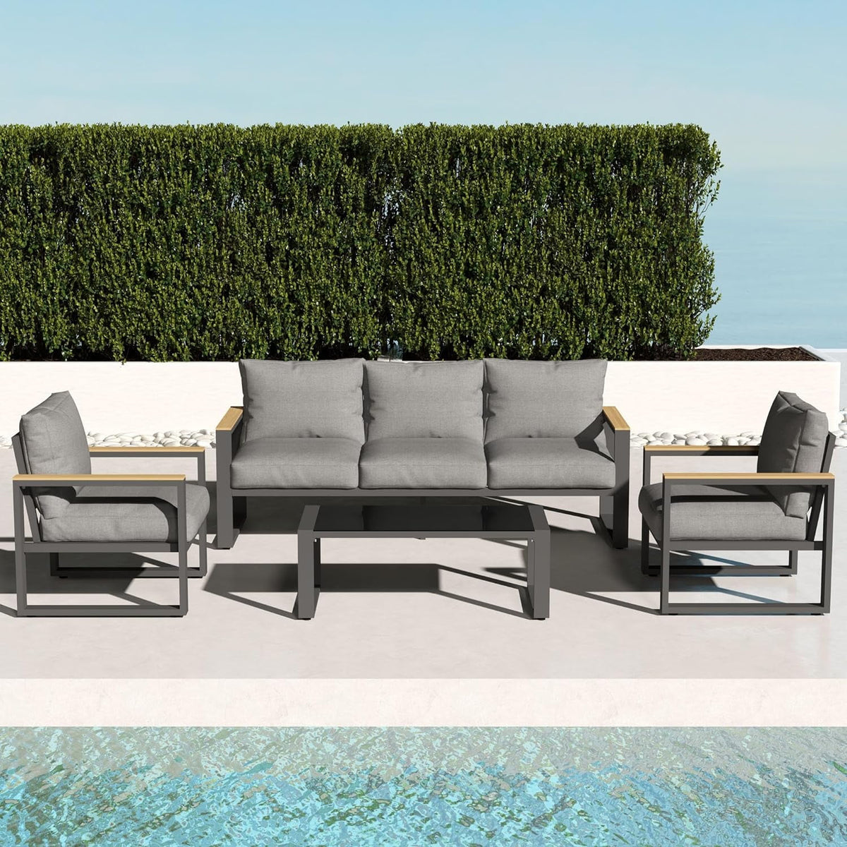 RoyalCraft Aluminum Patio Furniture Set, 4 Piece Outdoor Conversation Set with Coffee Table, Metal Outdoor Patio Furniture Set for Porch Backyard Garden, Grey