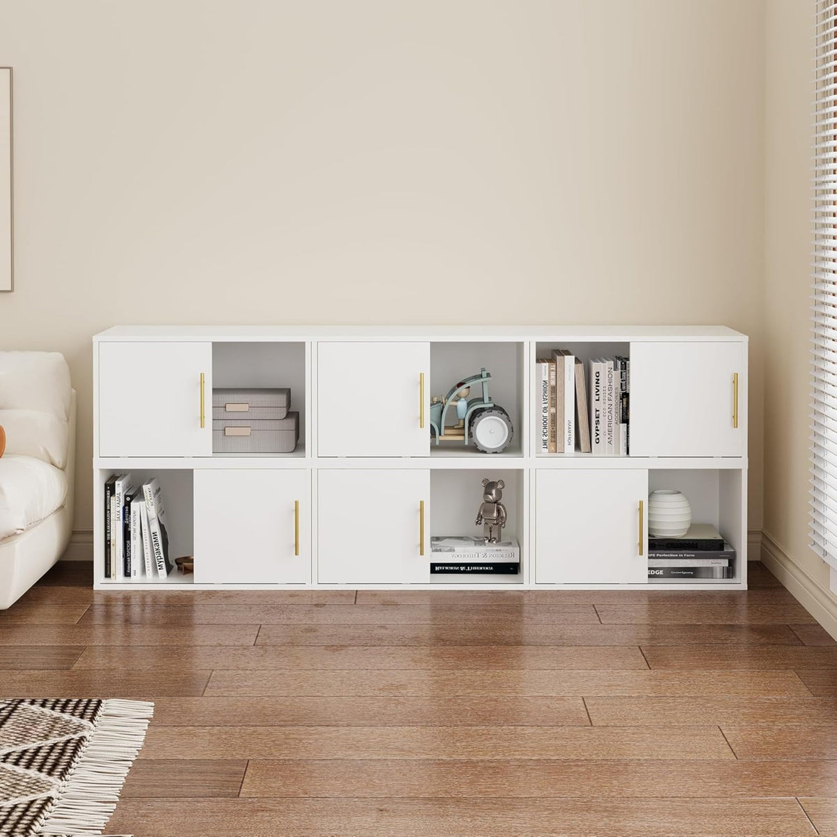 Superjoe Cube Storage Organizer with Sliding Door, White Stackable Bookshelf, Modular Cubby Storage System, Wooden Display Shelf for Small Space, Closet, Living Room, Bedroom, Apartment, Dorm