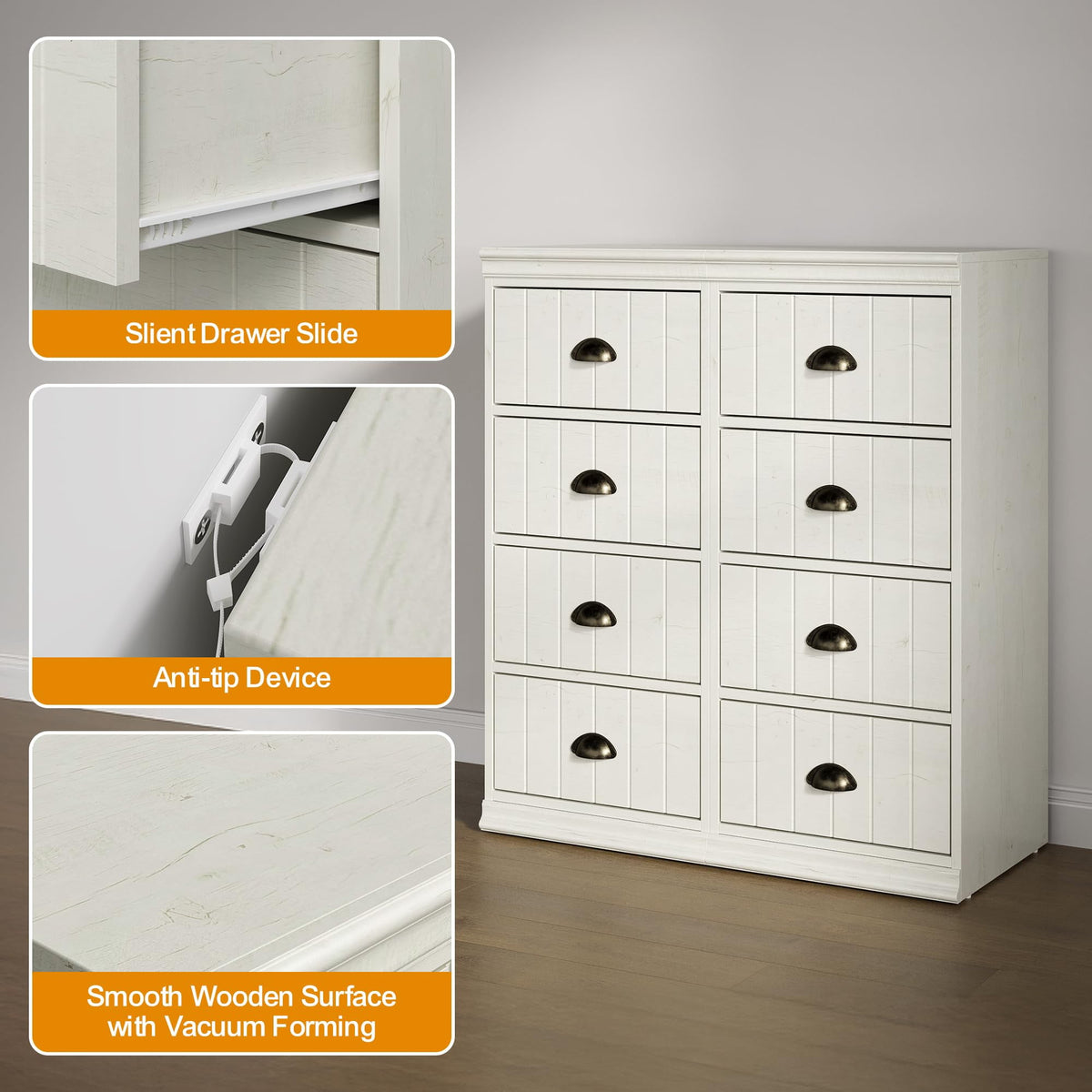 CozyHome Fluted Dresser Set of 3, White 4 Drawer Dresser with Bronze Metal Handles, Modern Dresser Organizer with Soft-Close Drawers, Chest of Drawers for Bedroom, Living Room, Entryway