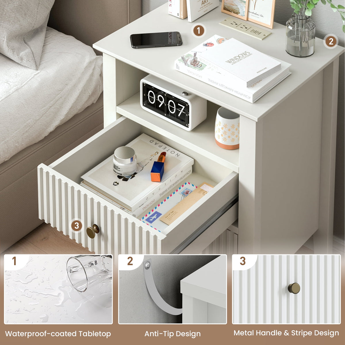 RoyalCraft Fluted Nightstand with Charging Station, White End Table with 2 Silent Slide Drawers & Storage Shelf, Wood Night Stand Cabinet for Living Room, Bedroom