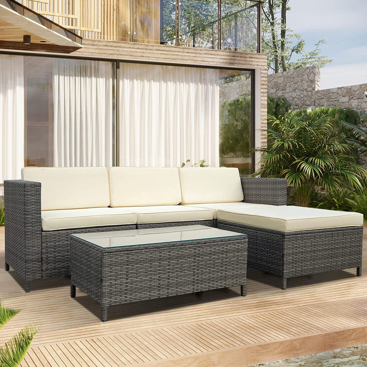 Royalcraft Patio Furniture Set,6 Pieces Outdoor Brown Wicker Patio Furniture Sets with Ottoman,Outdoor Sectional Furniture Patio Couch Set with Beige Anti-Slip Cushion
