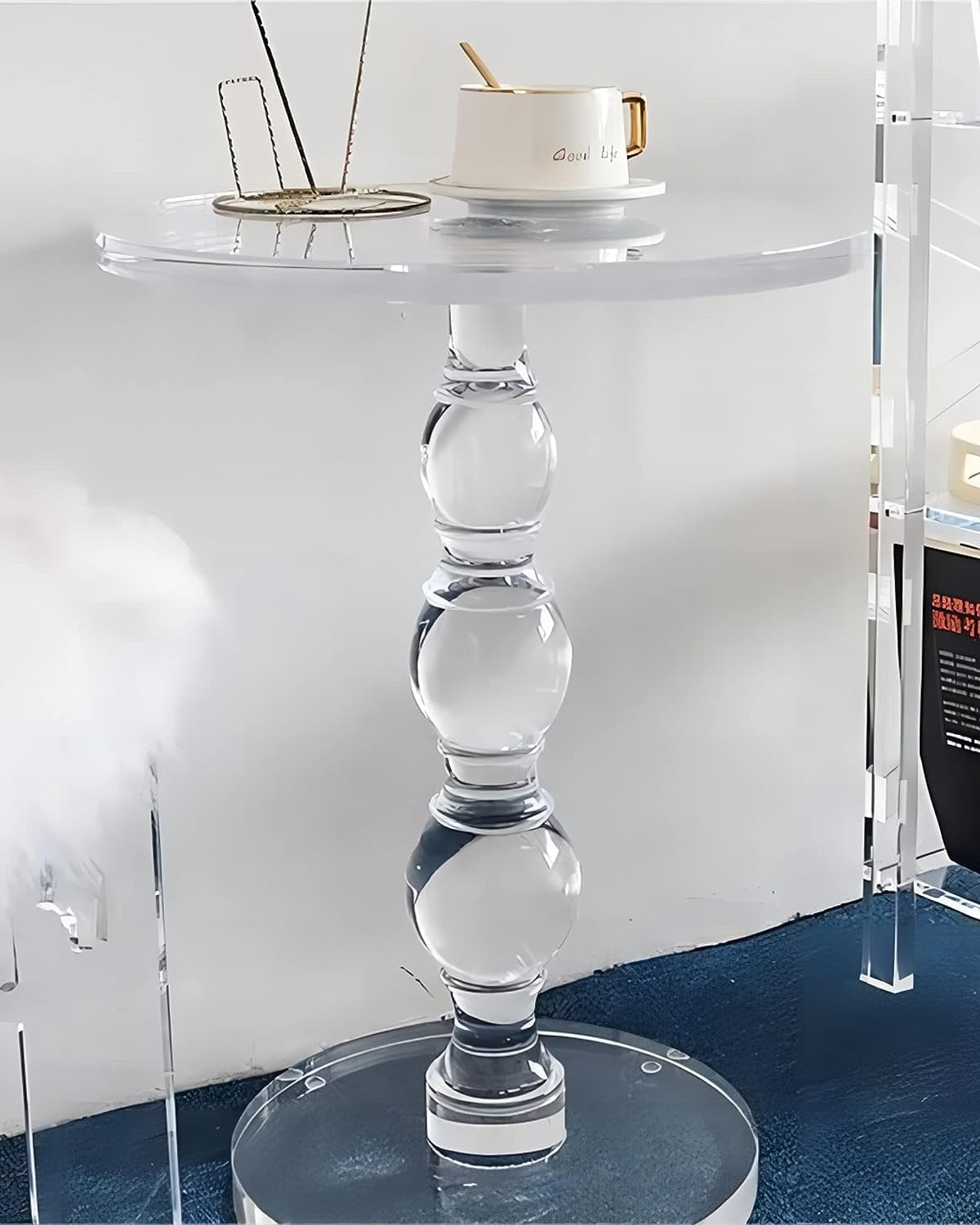 Royalcraft Acrylic Side Table, Small Gold Coffee Table with Brushed Brass Metal, Round Acrylic End Table for Living Room Office