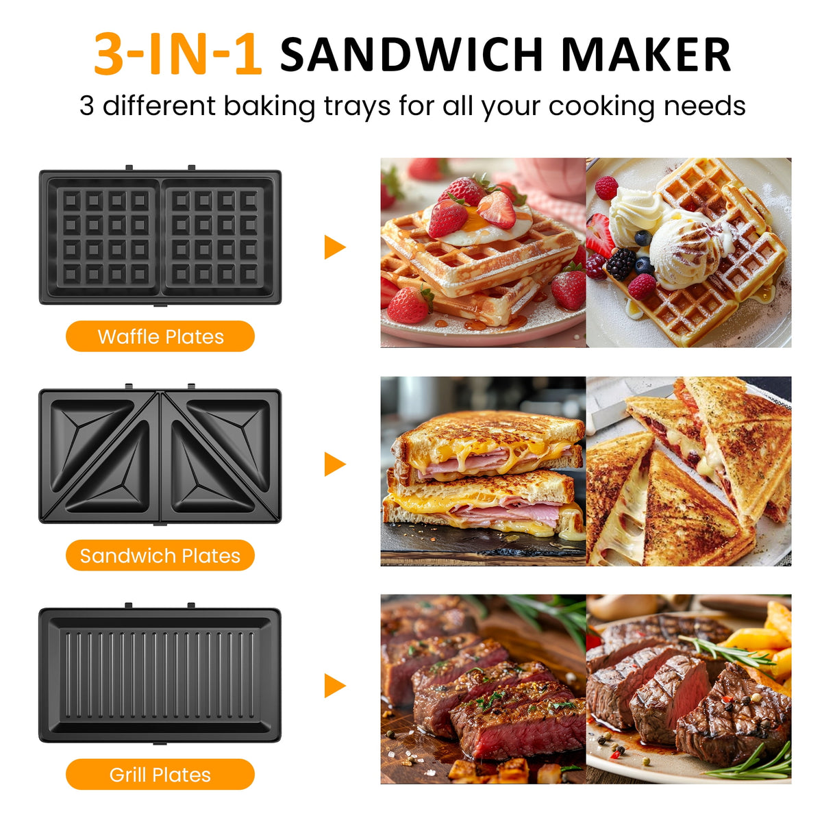 Royalcraft 3 in 1 Electric Waffle, Grill & Sandwich Maker