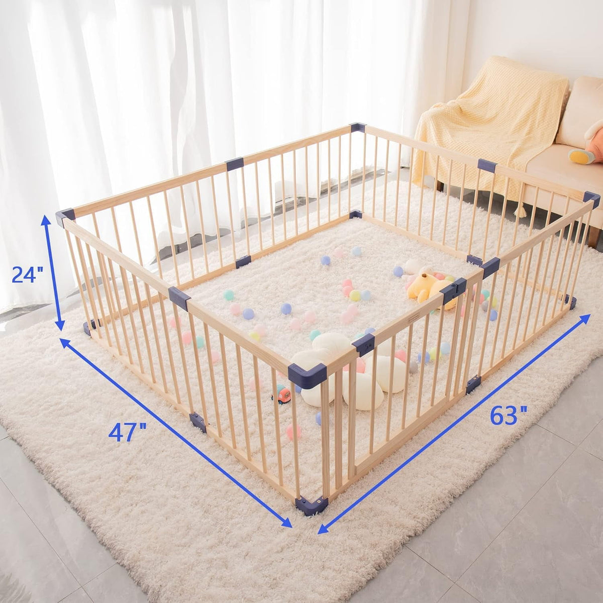 CozyHome Baby Playpen Kids Fence with Safety Gate, Activity Play Center, Safety and Anti-Drop Function, Safety Play Yard Indoor Outdoor Pure Wooden Baby Playpen (63"*47"*24")